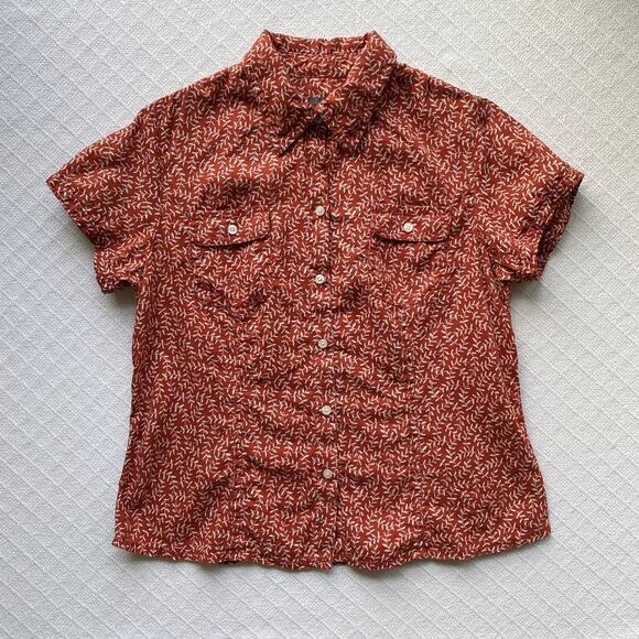 Liz Claiborne Linen Rust Red Vine Print Button-Up Shirt Short Sleeve Large P - Picture 1 of 7